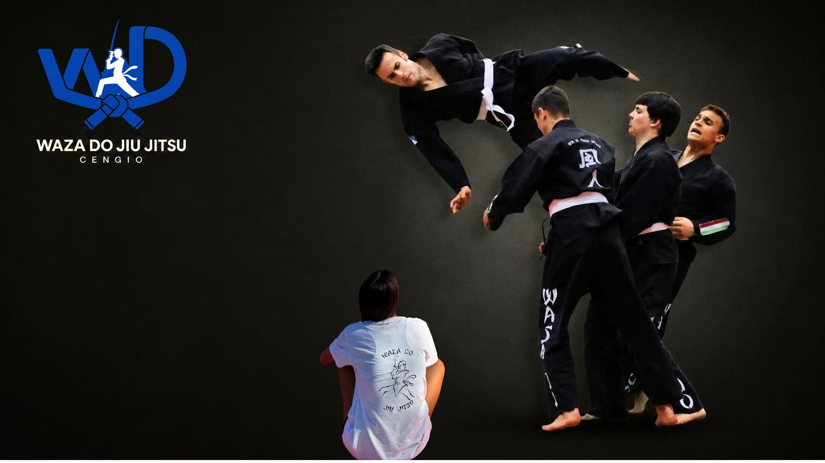Logo Waza Do Cengio, dimostrazione di Jiu Jitsu e allieva con maglietta della scuola