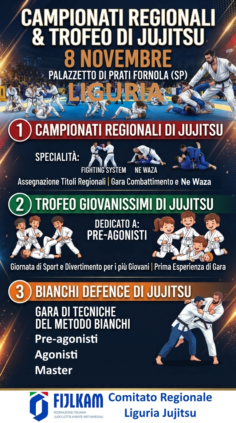 Locandina dei Campionati regionali e Trofeo di Jujitsu Liguria, 8 novembre, Palazzetto di Prati Fornola (SP)