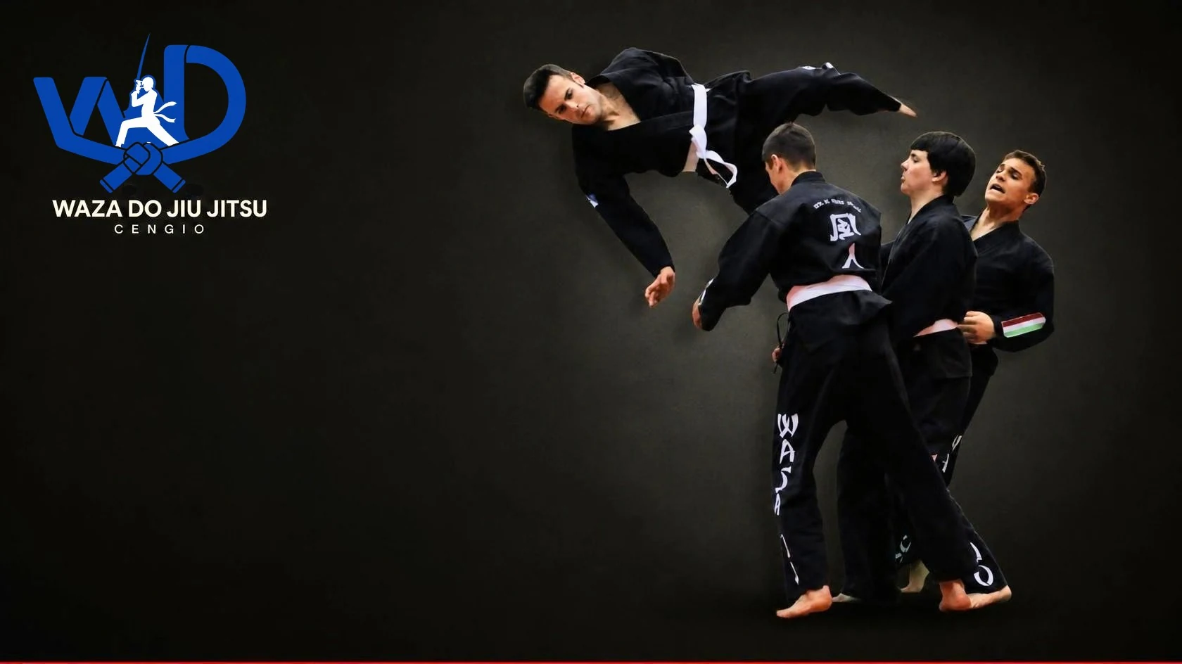 Logo Waza Do Cengio e dimostrazione di Jiu Jitsu con praticanti in kimono nero
